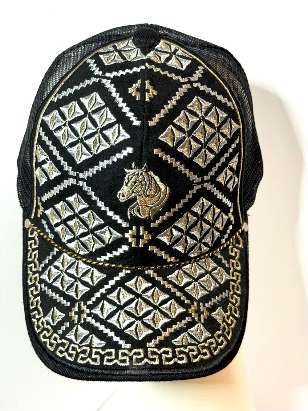 Black & Gold Embroidered Horse Trucker Hat